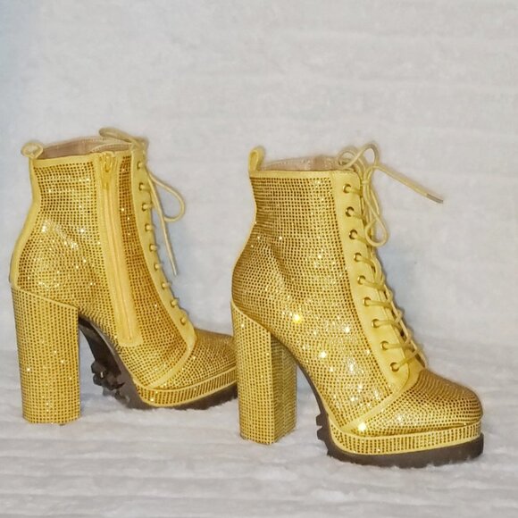 Vivian Yellow Gold Sparkly Rhinestone Chunky High Heel Ankle Boots - Picture 1 of 17